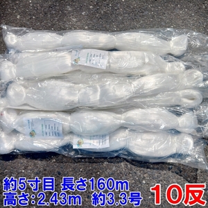 漁網 刺し網 刺網 １０反 約５寸 長さ160ｍ 高さ2.43ｍ 約3.3号 白色 漁具 漁業 原反 10個 送料無料（沖縄九州別途500円）