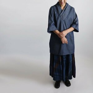 １０００円からスタート８３ｃｍ丈　和装い　重ね襟　半衿　オーバー シャツ　チュニック　トップス　ゆったり　甘織デニム　F91
