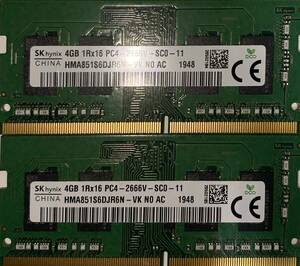 SK hynix 4GB×2 sheets total 8GB DDR4 PC4-1RX16 2666V SCO - 11 used Note PC for memory 