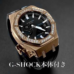 【本体付き】G-SHOCK GA-2100ラバーベルトセット メタル カシオーク カスタム Gショック　ローズゴールドジルコニアベゼル＋ブラックラバー