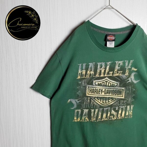 ハーレーダビッドソン 半袖Tシャツ グリーン 緑 両面プリント L 希少 古着 HARLEY-DAVIDSON