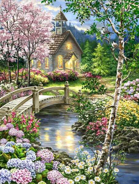 ダイヤモンドアート キット 教会に続く橋 紫陽花の咲く川辺 四角ビーズ 40×30 ダイアモンドアート セット スクエアビーズ