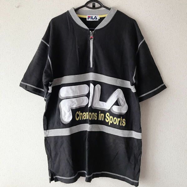 VINTAGE フィラ FILA ビッグロゴ オーバーサイズ Tシャツ プルオーバー 半袖 黒　L ハーフジップ　HIPHOP