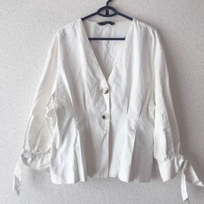 ZARA BASIC ザラ　リボン袖 綿 ジャケット シャツ 白　ボリューム袖