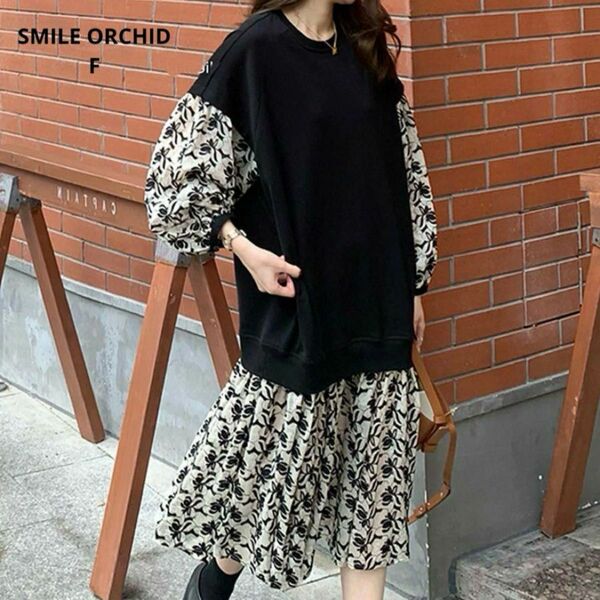 SMILE ORCHID スウェット＆花柄シフォンドッキングワンピース