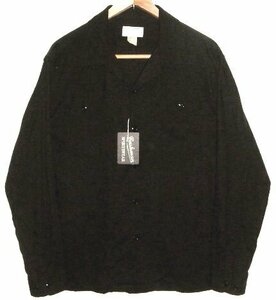 新品 CUSHMAN クッシュマン 最高級 100% フレンチリネン生地 1940's ビンテージ スタイル 長袖 オープンカラーシャツ (XLサイズ) 黒 無地