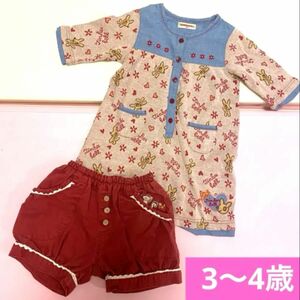 美品！ティンカーベル　子どもサイズ100 女の子　キッズ　デニムと花柄の半袖　ズボン赤色アニマル柄　春夏物服2点セット