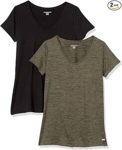 新品■Amazon Essentials 2枚組 Tシャツ テックウェア ストレッチ 半袖 レディース オリーブスペースダイ/ブラック M (日本サイズXL相当)