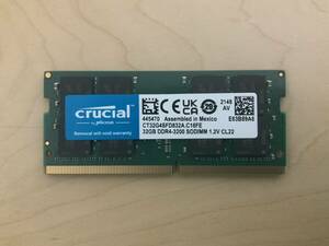 動作品！crucial 32GB 1枚 PC4-25600 DDR4-3200 SODIMM 260pin ノートPC用メモリ
