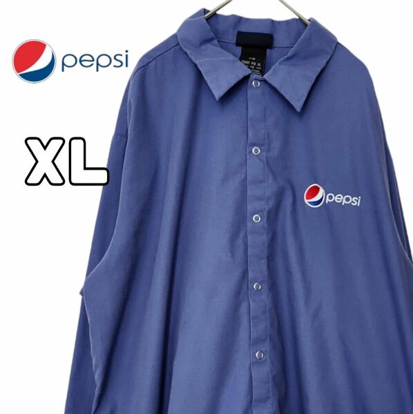 PEPSI ペプシ 企業系 長袖シャツ ネイビー 刺繍ロゴ XL 古着