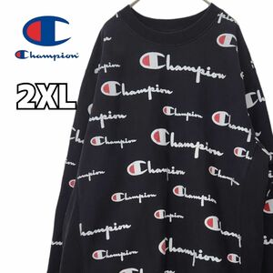 Champion チャンピオン トレーナー スウェット ブラック 古着 裏起毛 プリント 総柄 2XL