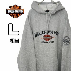 Harley-Davidson ハーレーダビッドソン パーカー スウェット 刺繍ロゴ グレー 裏起毛 ビッグロゴ 古着 L相当