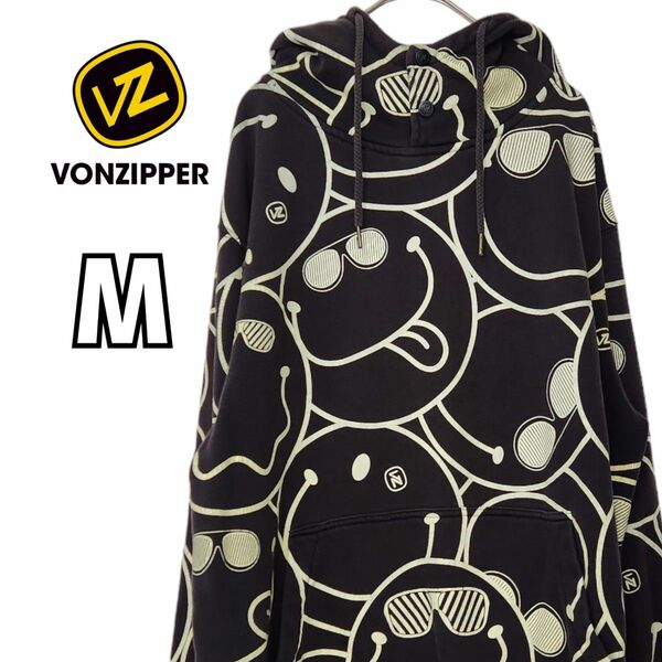 vonzipper ボンジッパー パーカー スマイリー 総柄プリント 裏起毛 M 古着