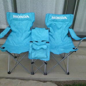 希少 ホンダ ツインチェア 2脚 水色 椅子 ドリンクフォルダー ポケット付 キャンプ BBQ アウトドア レース観戦 バイクイベントの画像1