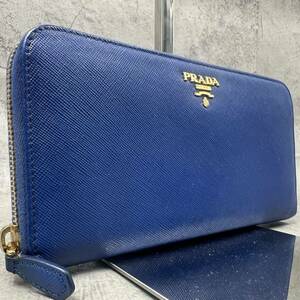 美品/希少色●PRADA プラダ 長財布 ラウンドファスナー ジップ 金ロゴ 型押し サフィアーノ レザー 本革 ブルー 青 メンズ レディース