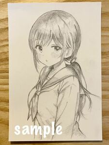 オリジナル ◆ 手描きイラスト ◆ 女の子 【ハガキサイズ】鉛筆画 SR8 セーラー服