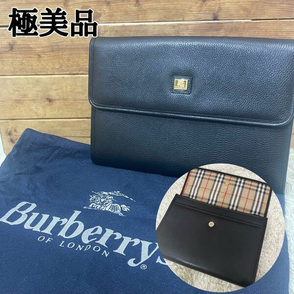 極美品 Burberrys バーバリー A4収納 ノバチェック セカンドバッグ　ビジネスバッグ クラッチバッグ ブラック 本革