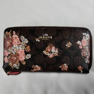 COACH コーチ 長財布 ラウンドファスナー 花柄 中古 ブラウン