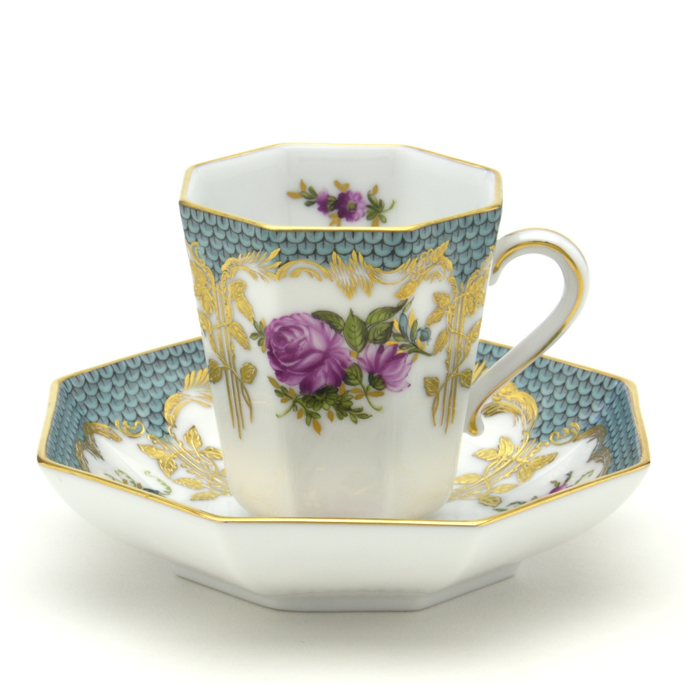 Herend Espresso Cup (Octagonal) & Saucer Julia Hand Painted Western Tableware Signed by the Master Painter Made in Hungary New Herend, tea utensils, Cup and saucer, demitasse cup