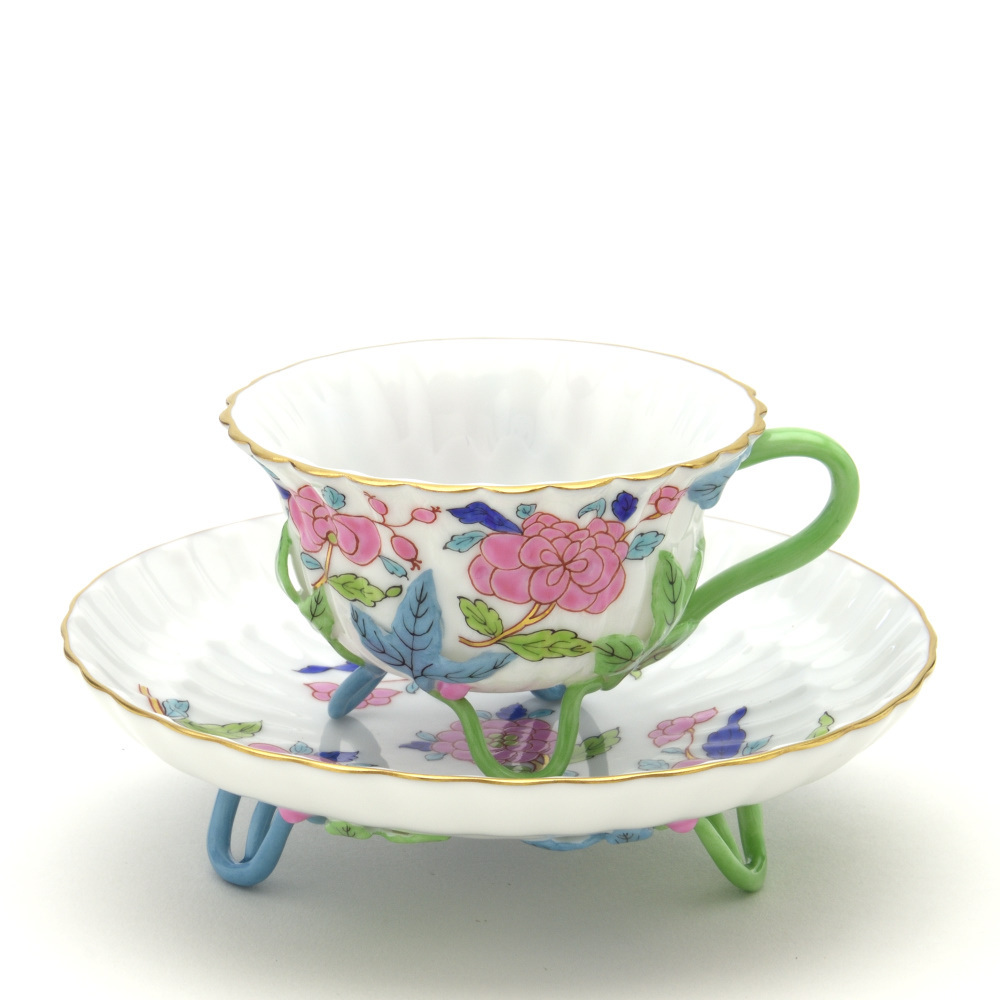 Herend Espresso Cup & Saucer Rose Chinois Handmade Hand Painted Signed by the Master Painter Made in Hungary New Herend, tea utensils, Cup and saucer, demitasse cup