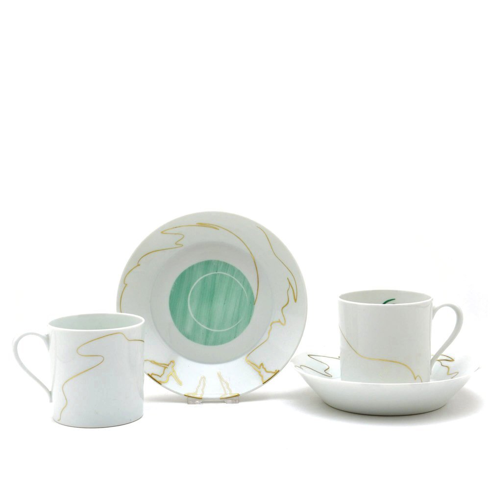 Sable Coffee Set for 2 (12pc) Litron (Decoration: Gaffgen) Wolfgang Gaffgen Handmade Hand Painted Tableware Made in France New Sevres, tea utensils, Cup and saucer, Coffee cup