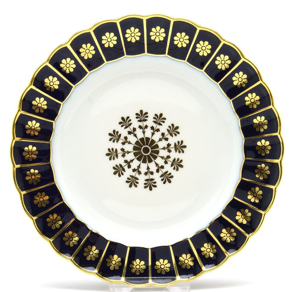 Plat à Glace en Sable Verre Canelé Bleu Gras Décoration Or 24 Carats (N°101) Petite Assiette en Porcelaine Peinte à la Main Vaisselle Occidentale Fabriquée en France Nouveau Sèvres, Vaisselle occidentale, plaque, plat, autres