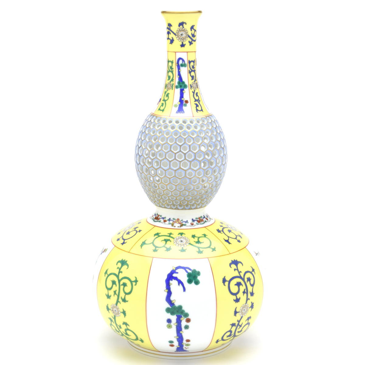 Herend Xi'an Vase en forme de gourde jaune (L) Vase décoratif en porcelaine sculptée ajourée peint à la main signé par le maître peintre Pine, Chiku, et motif prune New Herend, meubles, intérieur, accessoires d'intérieur, vase