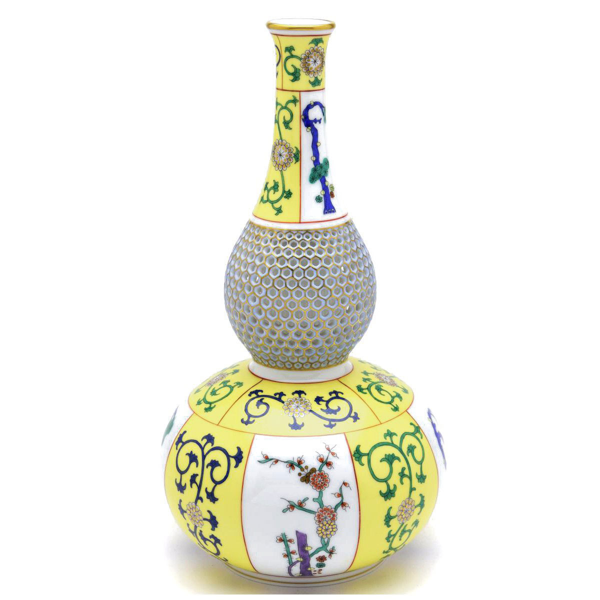 Herend Xi'an Yellow Gourd Shape Vase (M) Openwork Carved Porcelain Decorative Vase Handmade Hand Painted Flower Arrangement Ornament Pine, Chiku, and Plum Blossom Pattern Made in Hungary New Herend, furniture, interior, interior accessories, vase