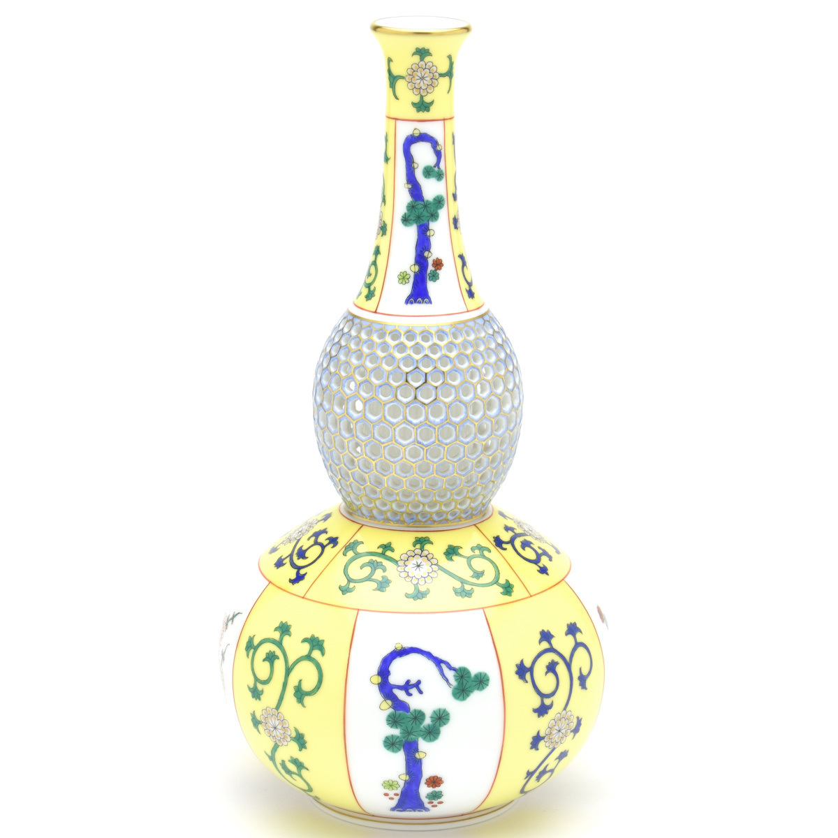 Herend Xi'an Yellow Gourd Shape Vase (S) Openwork Carved Porcelain Decorative Vase Handmade Hand Painted Signed by Master Painter Pine, Chiku, and Plum Blossom Pattern New Herend, furniture, interior, interior accessories, vase