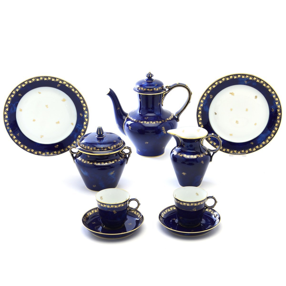 Service à café en sable pour 2 personnes (11pc) Motif nuage bleu Claudette Décoration or pâle 24 carats (N°100) Vaisselle occidentale faite main Fabriqué en France Nouveau Sèvres, ustensiles à thé, tasse et soucoupe, tasse demitasse