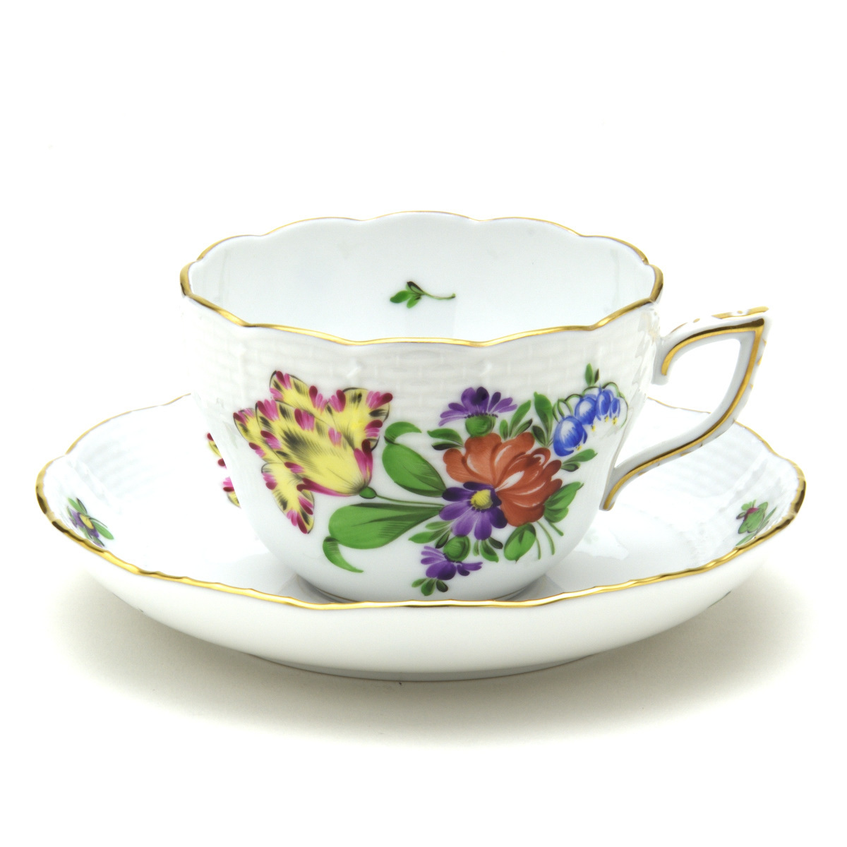 Herend Taza multiusos y platillo Tulip Bouquet (BT-5) Vajilla de porcelana pintada a mano Vajilla de taza de café/té hecha en Hungría Nuevo Herend, utensilios de té, taza y plato, café, Tanto para té como para té.