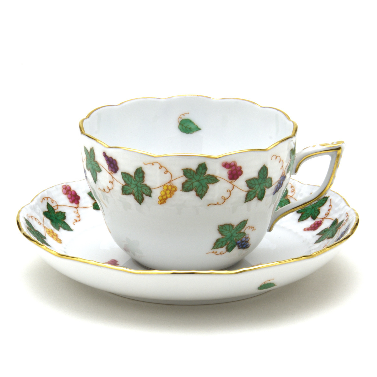 赫伦德 多用途杯碟 葡萄干花环 手绘瓷餐具 咖啡/茶杯餐具 匈牙利制造 新赫伦德, 茶具, 杯子和碟子, 咖啡, 无论是茶还是茶