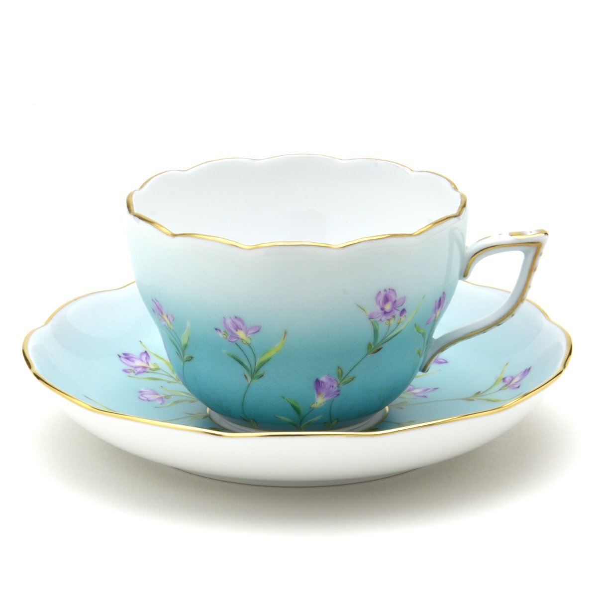 Herend Mehrzwecktasse und Untertasse Türkisblaue Iris handbemaltes westliches Geschirr Kaffee-/Teetasse Geschirr Hergestellt in Ungarn Neu Herend, Teeutensilien, Tasse und Untertasse, Kaffee, Sowohl für Tee als auch für Tee