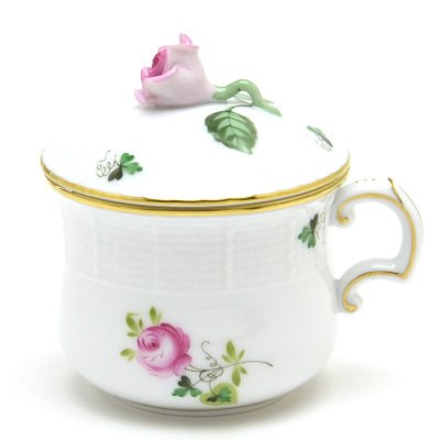 Herend Taza de café con diseño de rosa de Viena, color crema, sencilla, con tapa, decoración de rosas, hecha a mano, vajilla occidental pintada a mano, fabricada en Hungría, nuevo Herend, vajilla occidental, utensilios de té, otros