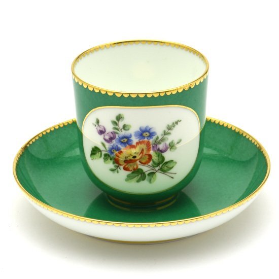 Sevres Super Rare Coffee Cup & Saucer Colorable (Vert-5) 18th Century Colored Flower Pattern Hand Painted Soft Paste Made in France New Sevres, tea utensils, Cup and saucer, Coffee cup
