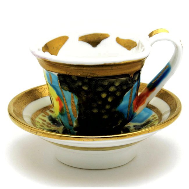 Super seltene, einzigartige Kaffeetasse und Untertasse von Betty Woodman, handgefertigt, handbemalt, Western-Geschirr, weiche Paste, hergestellt in Frankreich, New Sevres, Teeutensilien, Tasse und Untertasse, Kaffeetasse