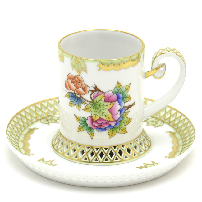 Herend Taza de café y platillo Victoria Bouquet (2) Vajilla de porcelana pintada a mano calada hecha a mano Plato de tazón de café Hecho en Hungría Nuevo Herend, utensilios de té, taza y plato, Taza de café