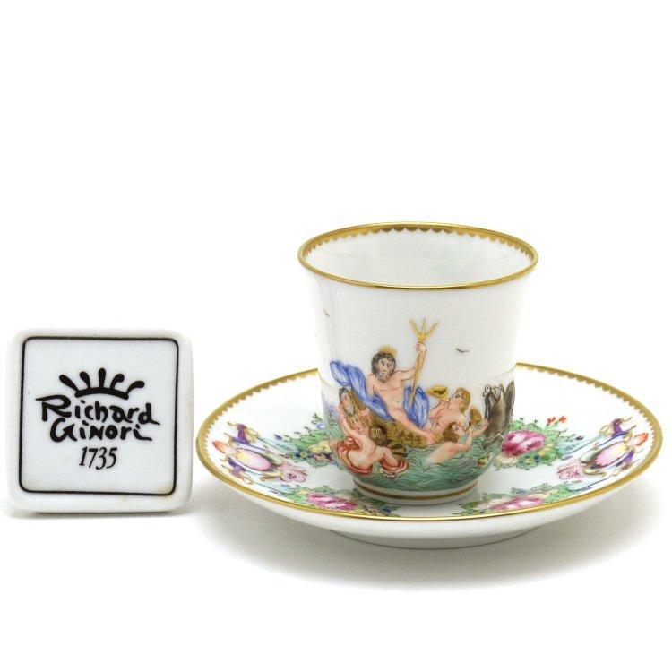 Richard Ginori Demitasse 커피 컵 & 접시 포세이돈 수제 손으로 그린 서양 식기 새 상품, 차 도구, 컵과 접시, 데미타스 컵