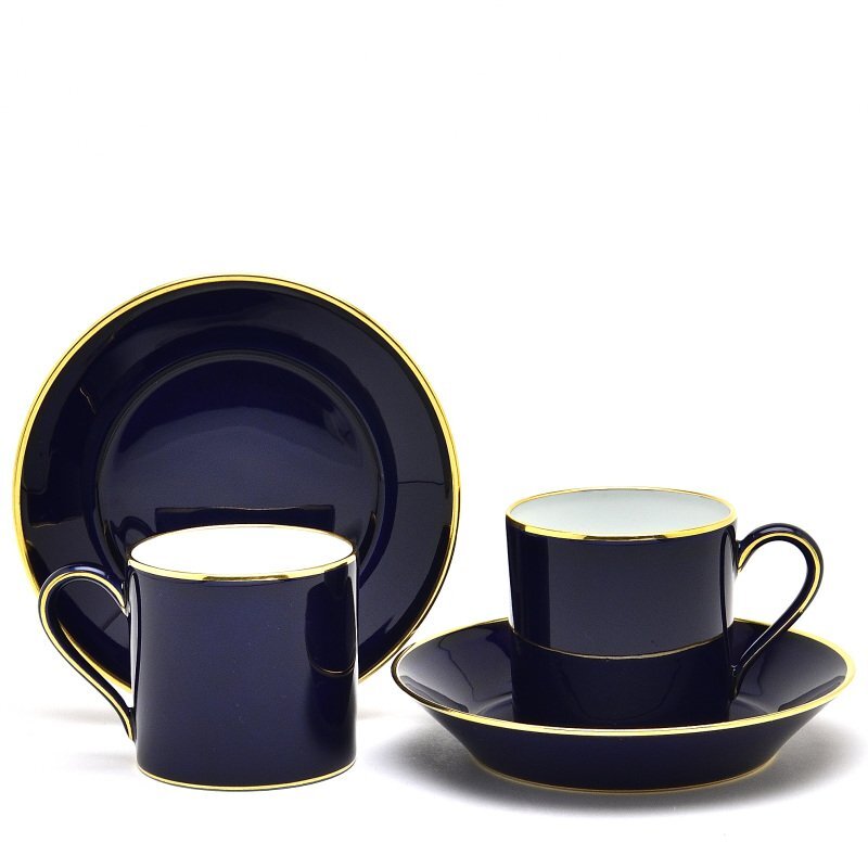 Sable Demitasse-Tasse und Untertasse (Paar) Litron Fat Blue 24K Gold Line Handgefertigtes Westerngeschirr aus Hartporzellan, hergestellt in Frankreich, New Sevres, Teeutensilien, Tasse und Untertasse, Mokkabecher