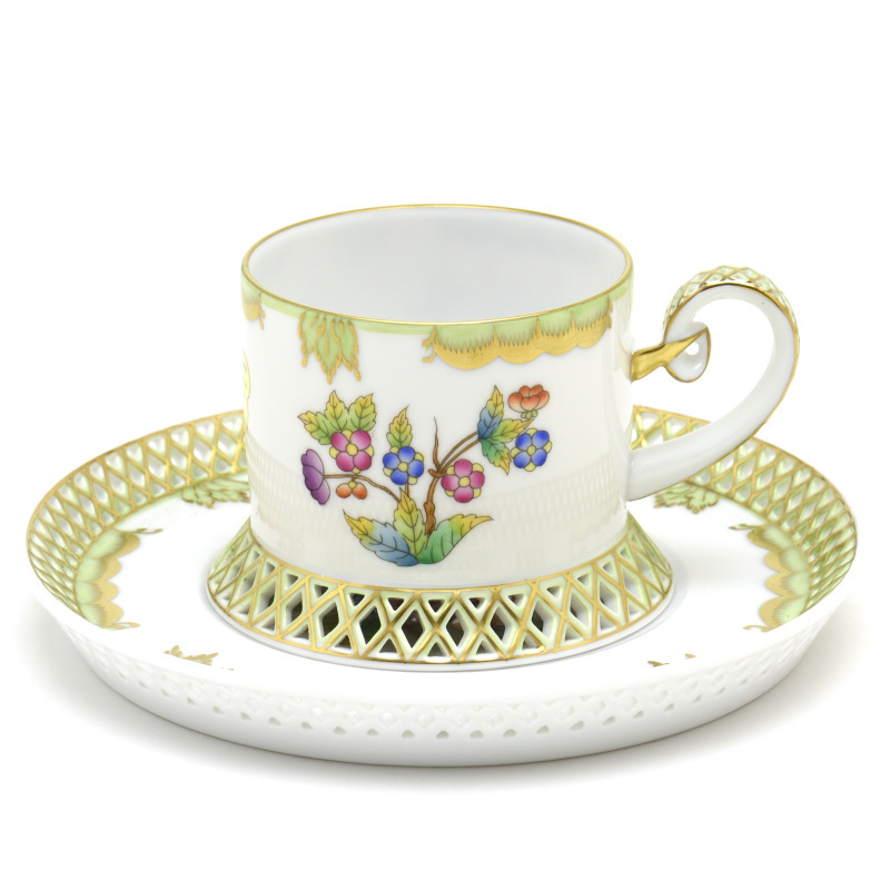 Herend Taza de té y platillo Victoria Bouquet ① Vajilla de porcelana pintada a mano calada hecha a mano Plato de tazón de té Nuevo Hecho en Hungría Herend, utensilios de té, taza y plato, taza de te