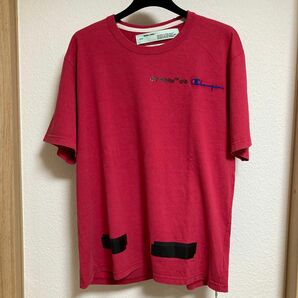 OFF-WHITE × Champion Tシャツ カットソー ピンクレッド ブラック ダメージ加工 18SS