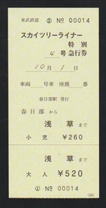 東武鉄道　スカイツリーライナー号特急券　料金改定初日　2019年　春日部駅