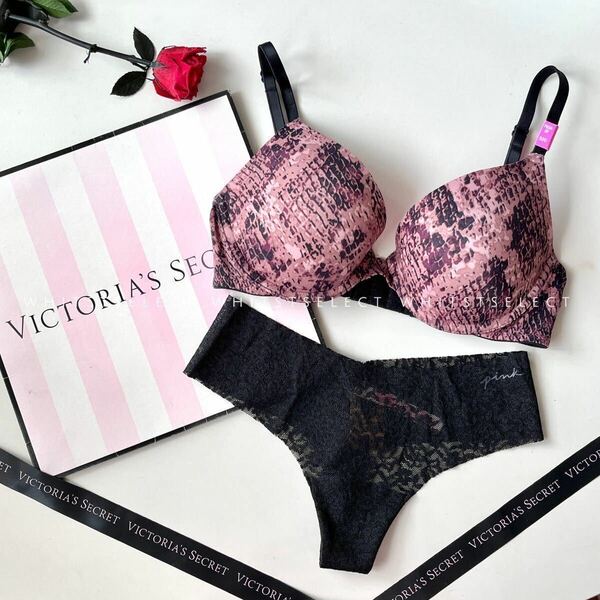 【３２Ｃ/ＸＳ】プッシュアップブラ＆ソング Victoria's Secret PINK スネーク ブラック