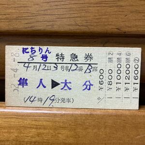 にちりん８号　準常備Ｄ型硬券／特急券　隼人-大分　隼人駅　昭和52年発行