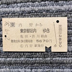 □東　内野から　東京都区内ゆき　亀田・渋川経由　内野駅　平成2年9月発行