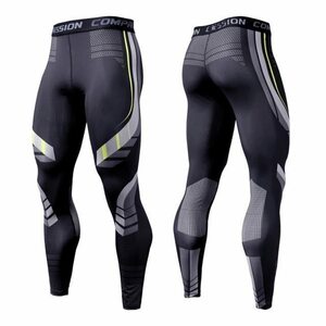 [color 02] men's running tights speed .. Jim tights training wear long leggings black × yellow L size 