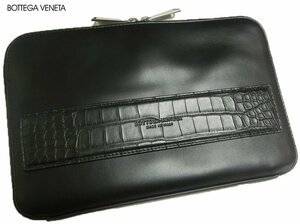 GW1円~【38万新品】【ボッテガヴェネタ】限定モデル★クロコダイル◆一生モノの黒◆ブランドロゴ入り★手差し付クロコレザーオーガナイザー