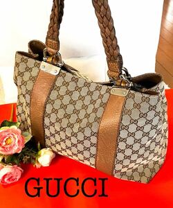 【美品】GUCCI グッチ GGキャンバス×バンブー茶 トートバック 