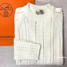 完全正規品 極美品 XL Hermes エルメス コットン×カシミヤ ローゲージ クルーネックニットセーター 白 ホワイト 純正ショッパー_画像1