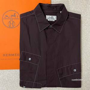 国内正規品 極美品 40（M〜Lサイズ相当）Hermes エルメス オーバーサイズ 長袖 シャツ バーガンディ 純正ショッパー